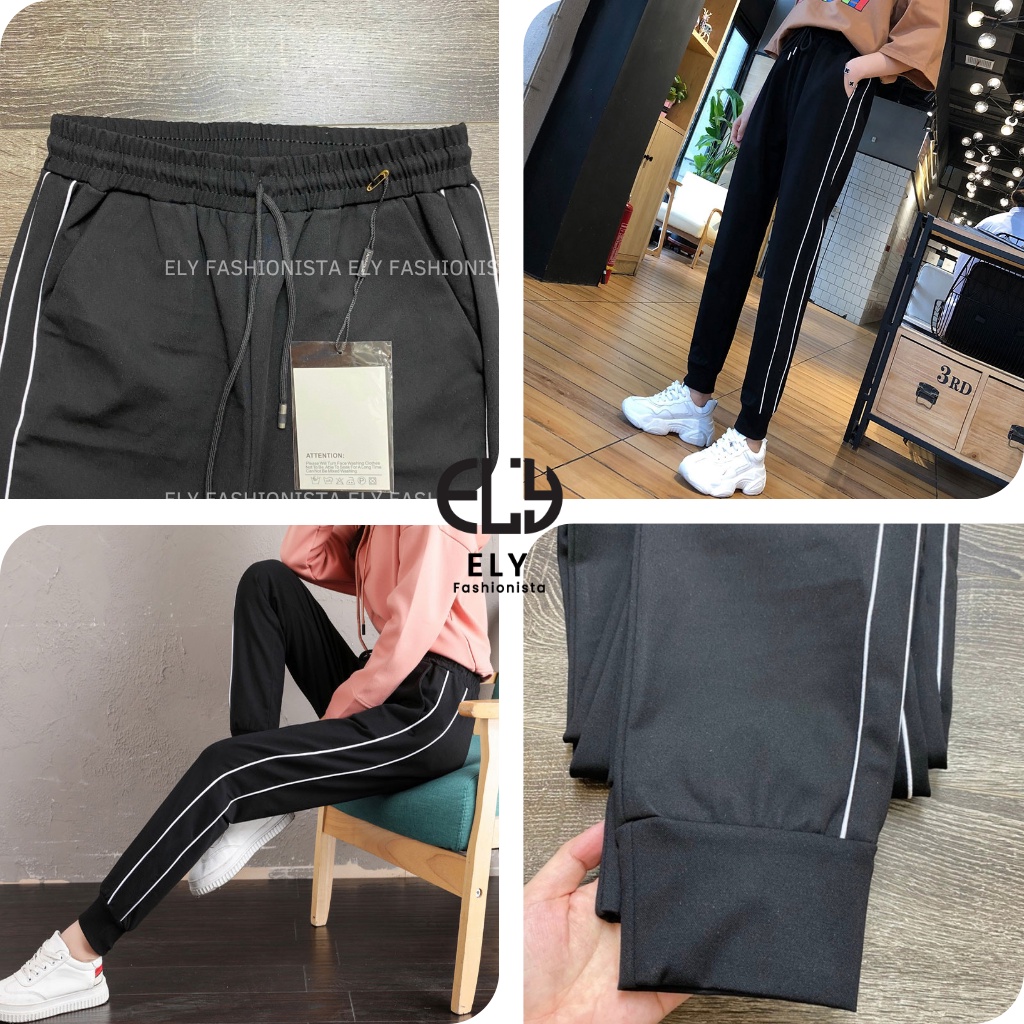 Quần jogger nữ ELY bo gấu 2 sọc cao cấp, quần thể thao nữ dây rút màu đen chất vải Mỳ Hàn đẹp cạp chun năng động ELY237