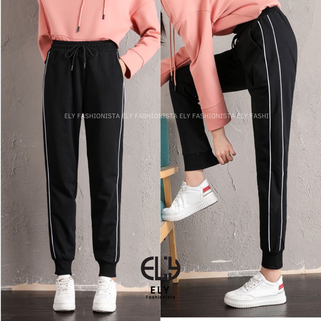 Quần jogger nữ ELY bo gấu 2 sọc cao cấp, quần thể thao nữ dây rút màu đen chất vải Mỳ Hàn đẹp cạp chun năng động ELY237