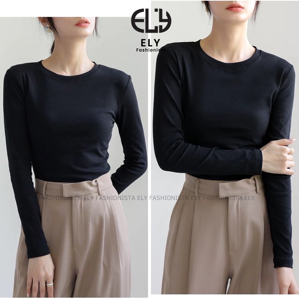 Áo phông nữ ELY dài tay dáng ôm body thun cotton trơn HÀNG DÀY CAO CẤP cổ tròn màu đen trắng nâu xanh ELY235