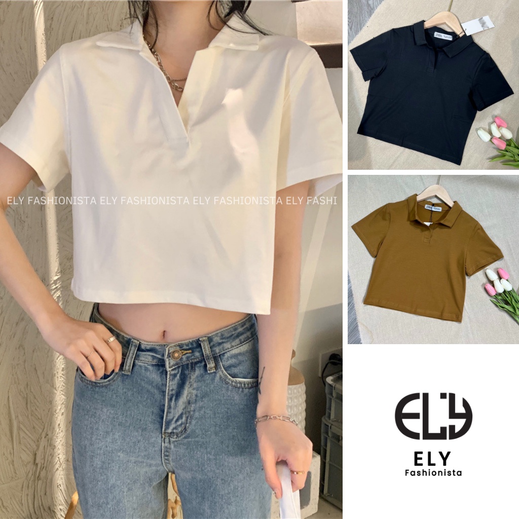 Áo croptop nữ có cổ polo dáng suông tay ngắn chất cotton cao cấp màu đen trắng đi chơi, đi làm ELY215.