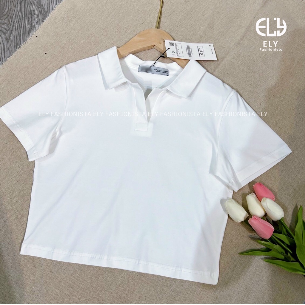Áo croptop nữ có cổ polo dáng suông tay ngắn chất cotton cao cấp màu đen trắng đi chơi, đi làm ELY215.