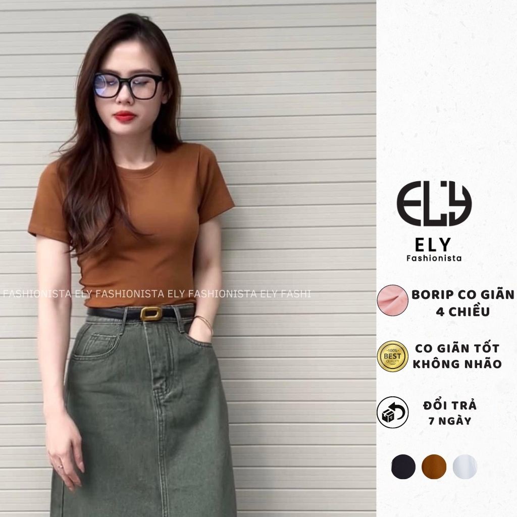 Áo croptop nữ cổ tròn cộc tay vải cotton bozip dày đẹp ôm body cao cấp crotop nữ thun co giãn tốt ELY214A