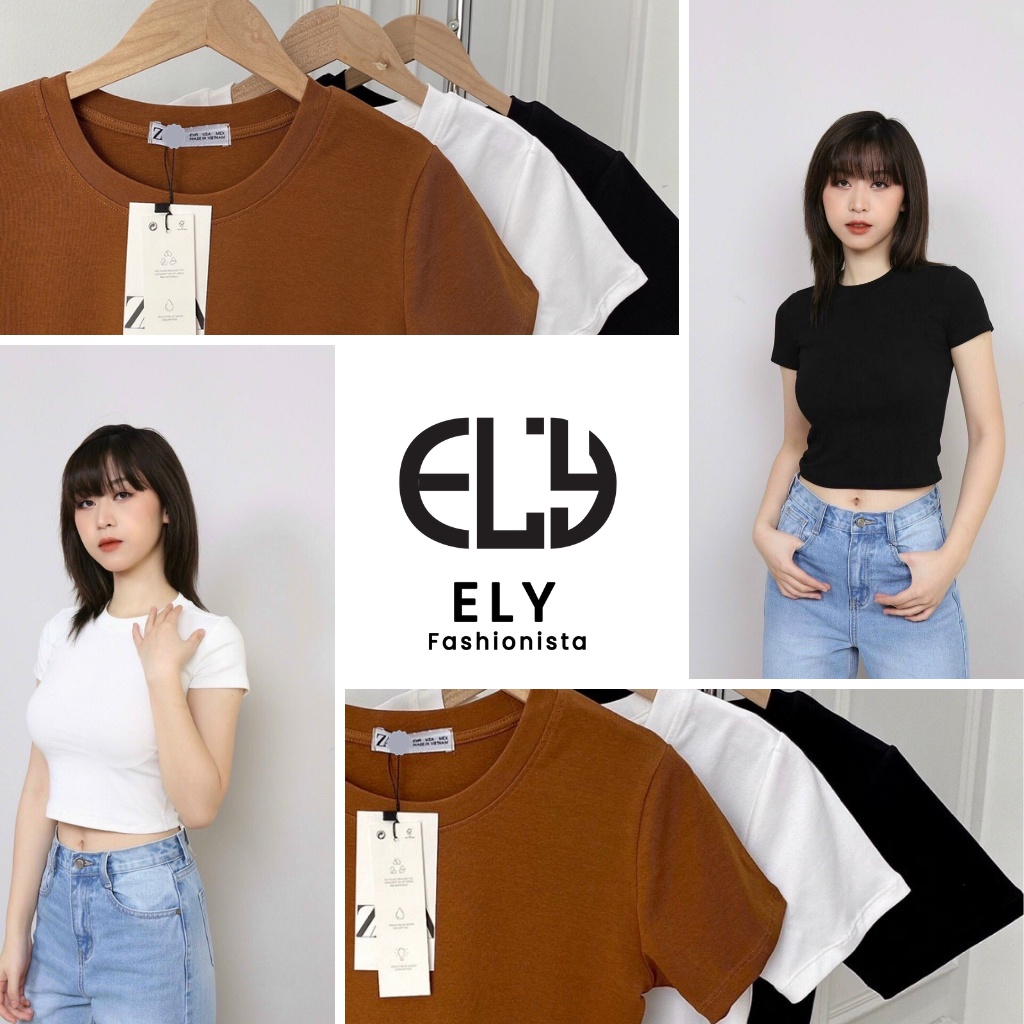 Áo croptop nữ cổ tròn cộc tay vải cotton bozip dày đẹp ôm body cao cấp crotop nữ thun co giãn tốt ELY214A