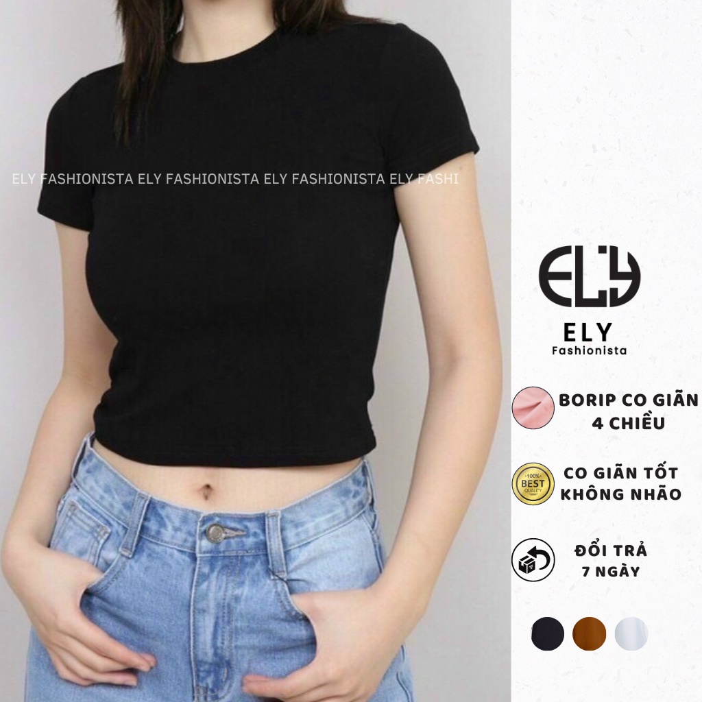 Áo croptop nữ cổ tròn cộc tay vải cotton bozip dày đẹp ôm body cao cấp crotop nữ thun co giãn tốt ELY214A