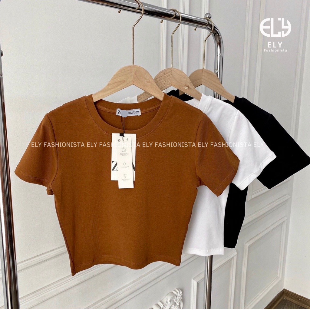 Áo croptop nữ cổ tròn cộc tay vải cotton bozip dày đẹp ôm body cao cấp crotop nữ thun co giãn tốt ELY214A