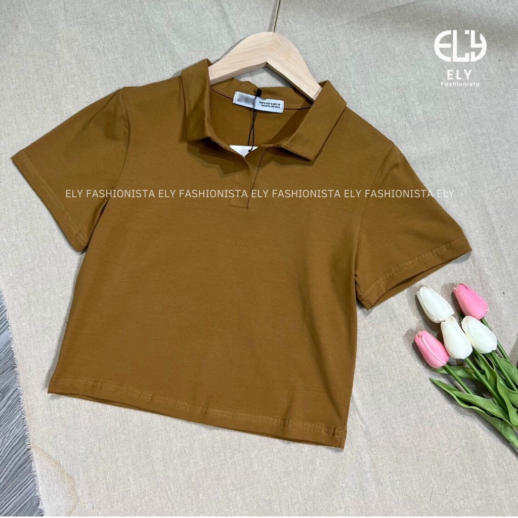 Áo croptop nữ có cổ polo dáng suông tay ngắn chất cotton cao cấp màu đen trắng đi chơi, đi làm ELY215.