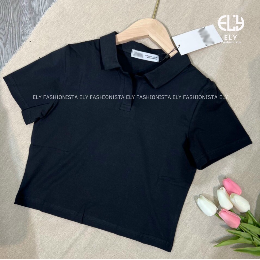 Áo croptop nữ có cổ polo dáng suông tay ngắn chất cotton cao cấp màu đen trắng đi chơi, đi làm ELY215.