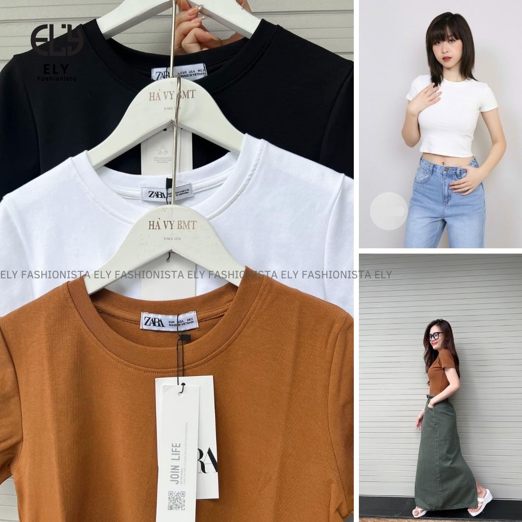Áo croptop nữ cổ tròn cộc tay vải cotton bozip dày đẹp ôm body cao cấp crotop nữ thun co giãn tốt ELY214A