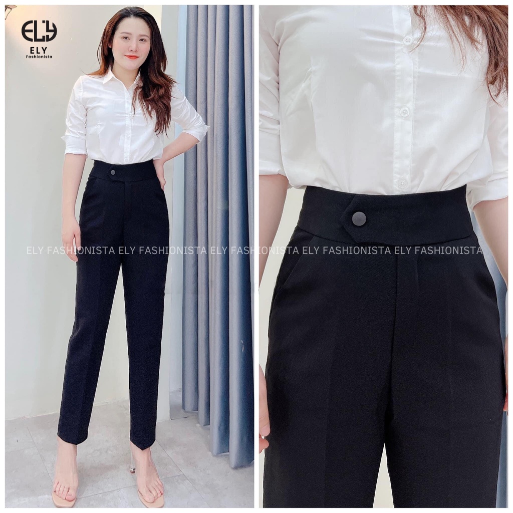 Quần tây baggy nữ lưng cao Ely fashion kiểu dáng công sở Basic, quần baggy nữ cúc bấm lệch thanh lịch ELY211