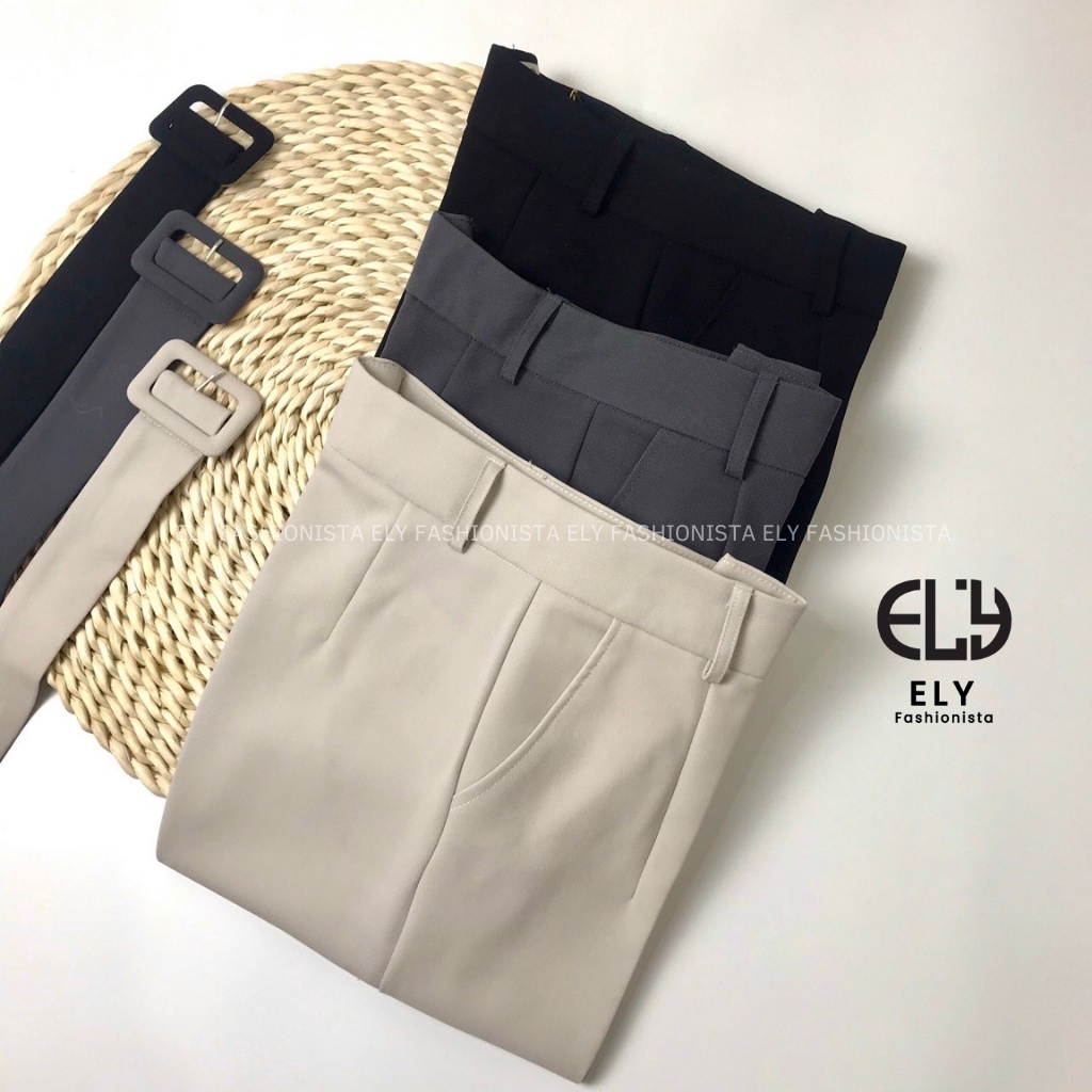 Quần tây nữ lưng cao công sở Ely fashion tặng đai khuyên lỗ kiểu quần baggy form đẹp màu đen đi học đi làm ELY226
