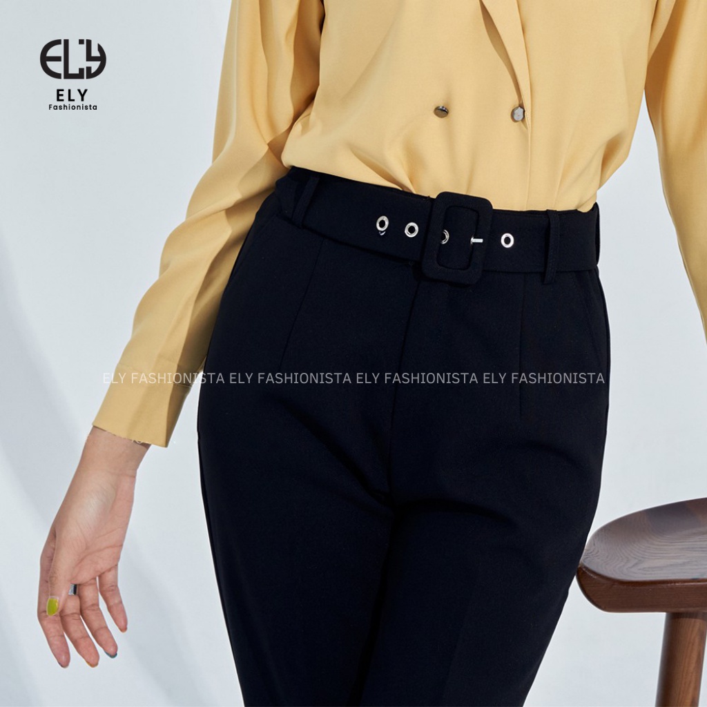 Quần tây nữ lưng cao công sở Ely fashion tặng đai khuyên lỗ kiểu quần baggy form đẹp màu đen đi học đi làm ELY226