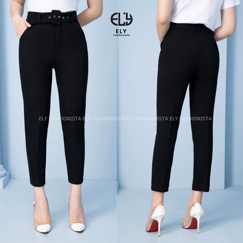 Quần tây nữ lưng cao công sở Ely fashion tặng đai khuyên lỗ kiểu quần baggy form đẹp màu đen đi học đi làm ELY226