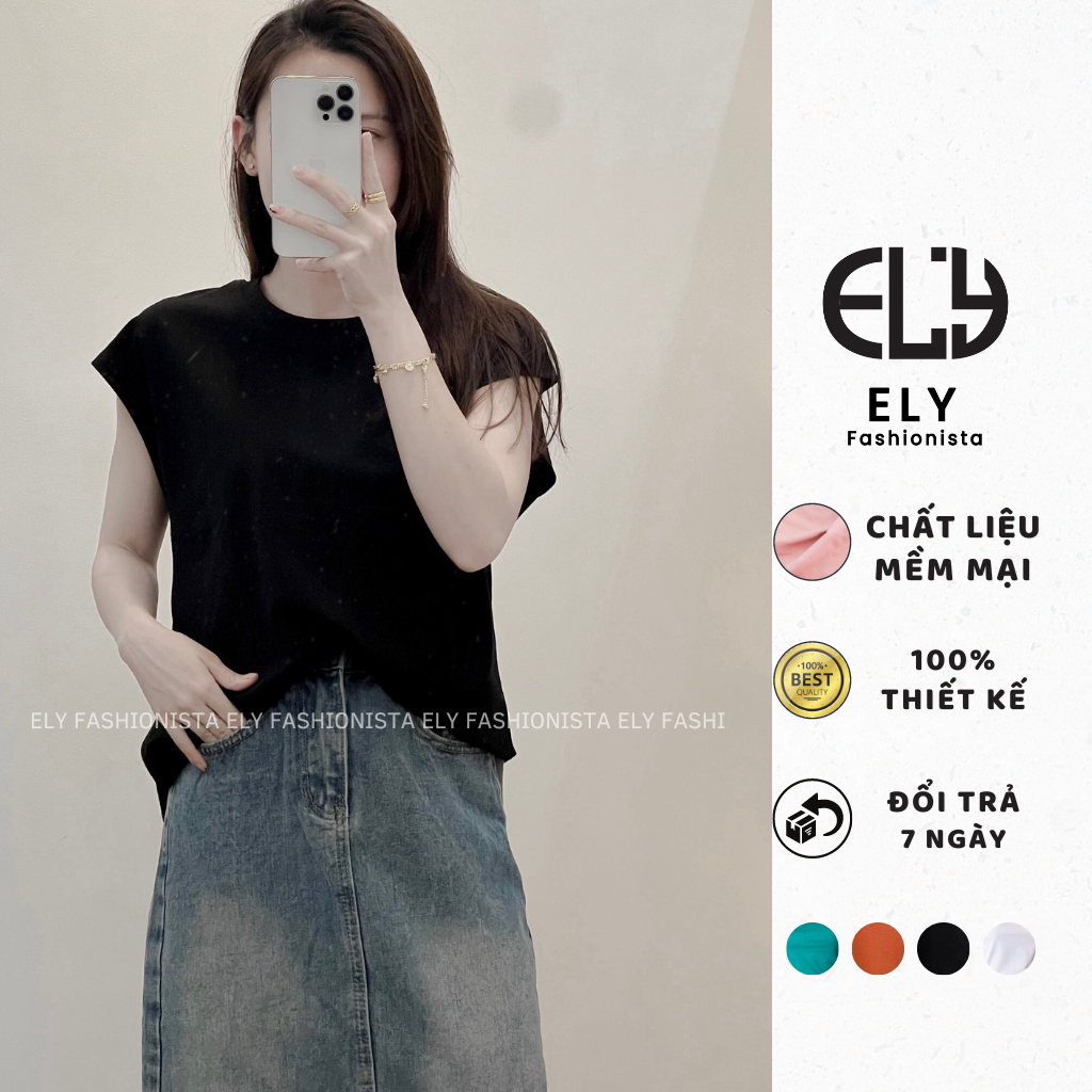 Áo phông nữ cổ tròn cotton tay hến sát nách phong cách hàn quốc from rộng ba lỗ thun trơn basic ELY210.