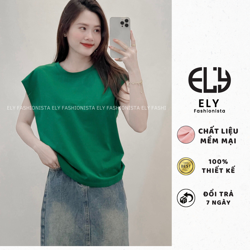 Áo phông nữ cổ tròn cotton tay hến sát nách phong cách hàn quốc from rộng ba lỗ thun trơn basic ELY210.