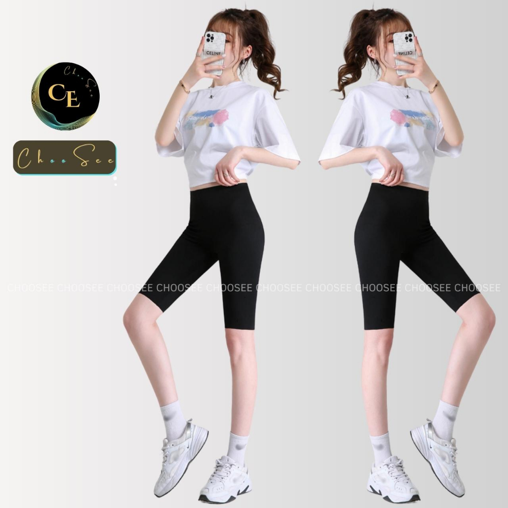 Quần legging nữ lửng vải thun cotton 4 chiều cao cấp biker nữ đùi ngố đồ mặc nhà dáng ôm bó lưng cao tập gym yoga ELY233