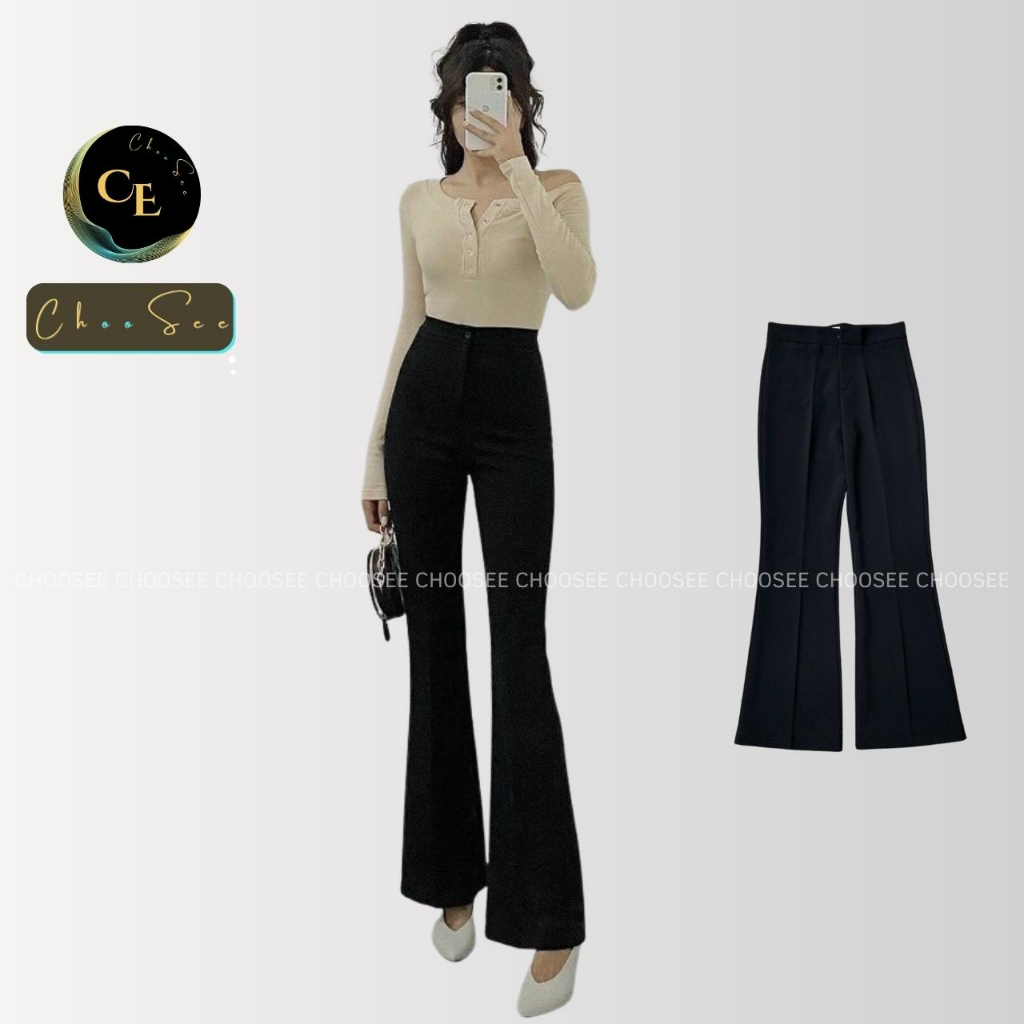 Quần ống loe nữ Choosee lưng cạp cao 2 cúc baggy vải đẹp kiểu dài suông loe rộng culottes màu đen CHS212
