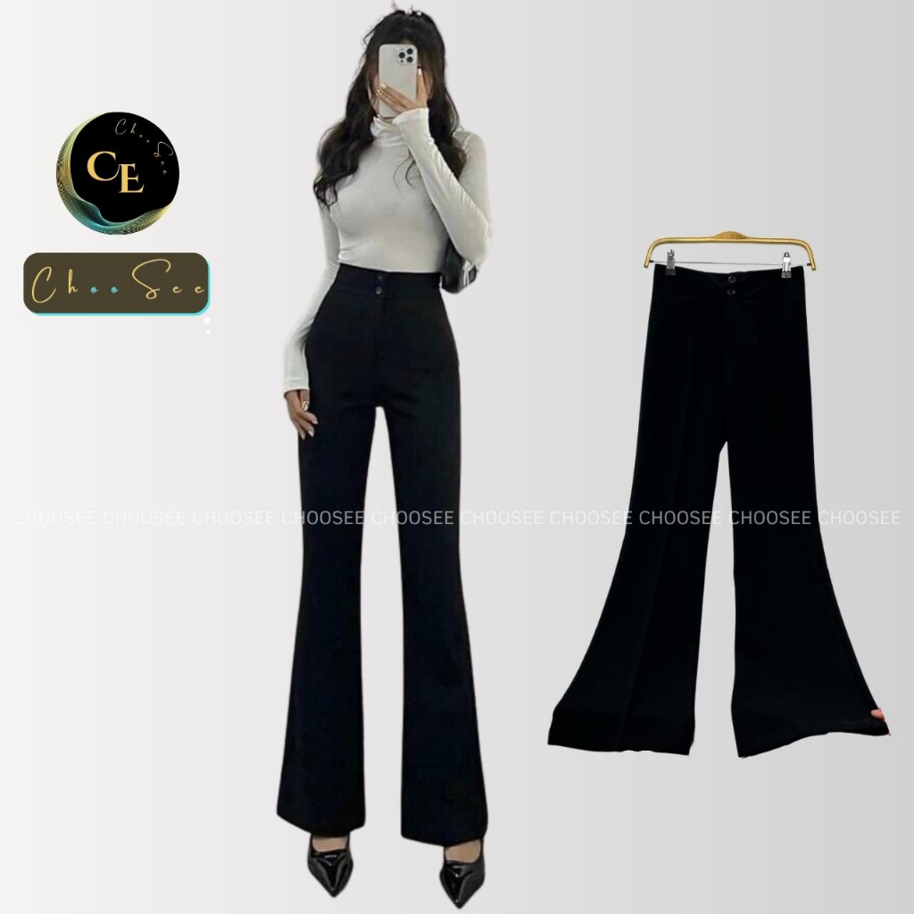 Quần ống loe nữ Choosee lưng cạp cao 2 cúc baggy vải đẹp kiểu dài suông loe rộng culottes màu đen CHS212