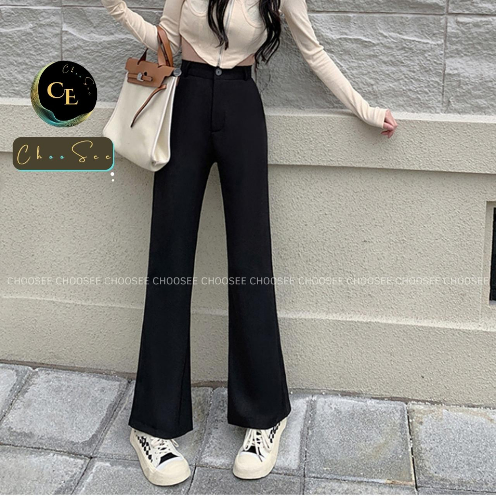 Quần ống loe nữ Choosee lưng cạp cao 2 cúc baggy vải đẹp kiểu dài suông loe rộng culottes màu đen CHS212