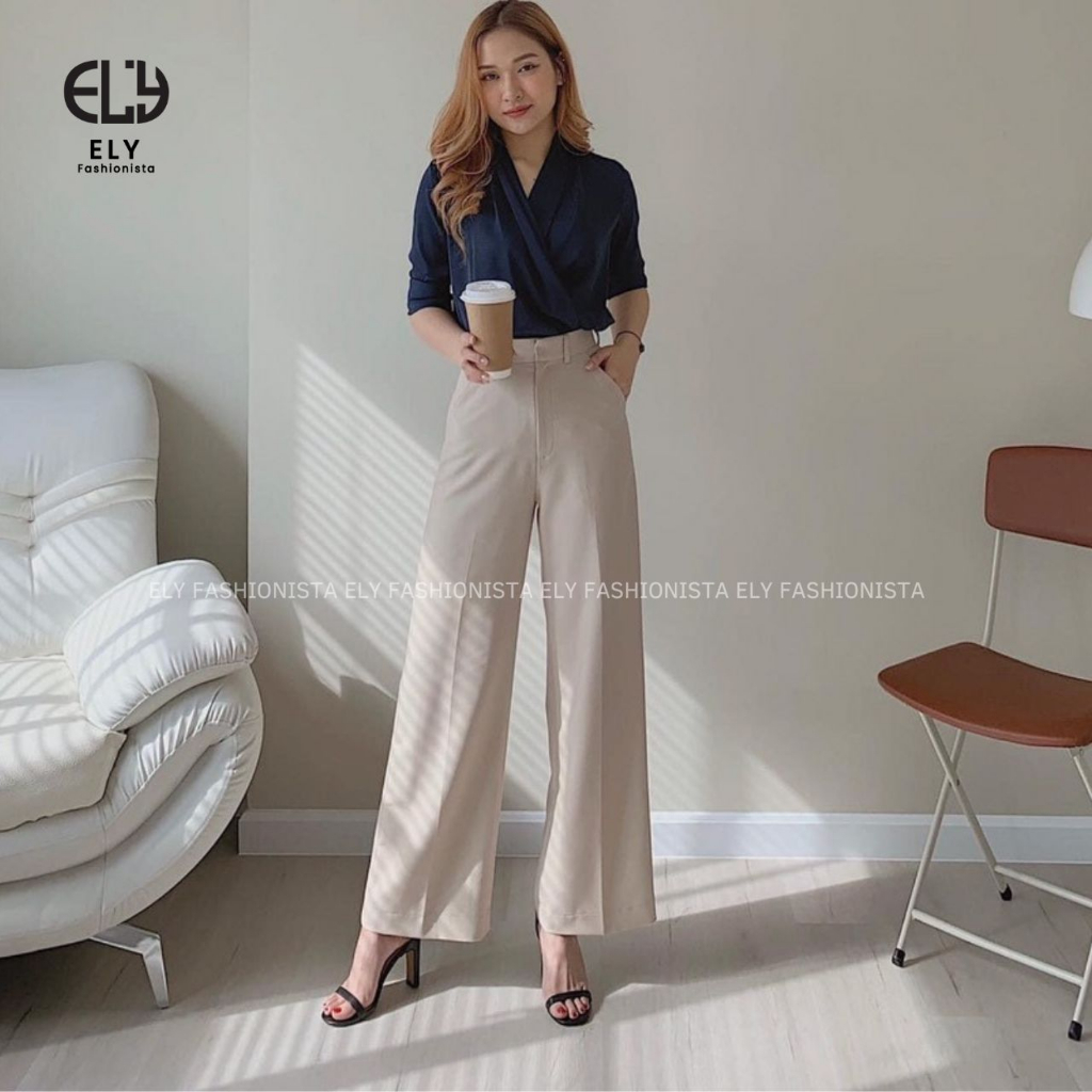 Quần ống rộng nữ dáng suông lưng cao chất vải VITEX cao cấp DÀI 100CM không nhăn 3 MÀU hót nhất năm ĐEN NÂU SỮA ELY262.