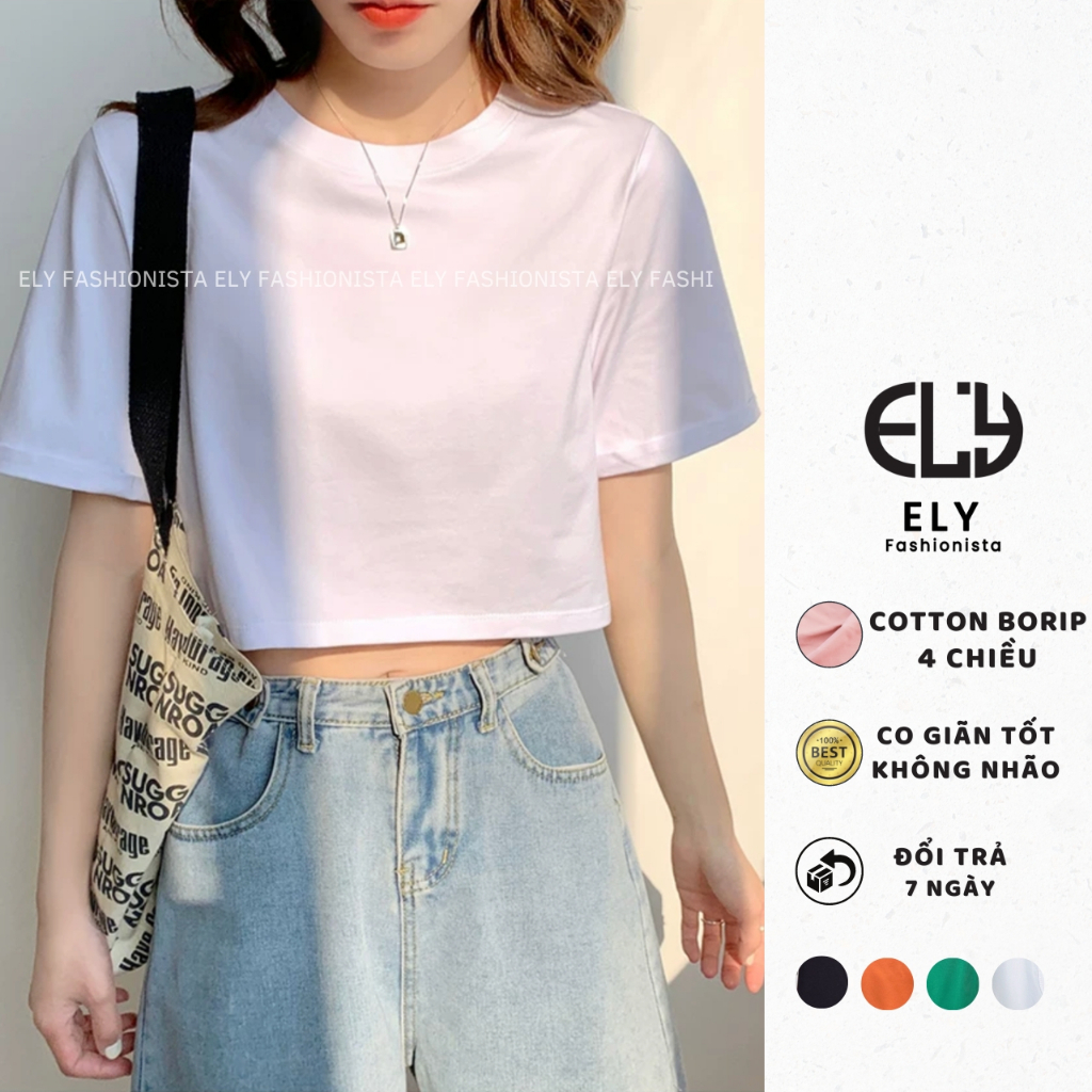 Áo croptop nữ tay ngắn cổ tròn form rộng Ely Fashion kiểu thun suông màu trắng đen hàn quốc trẻ trung ELY214
