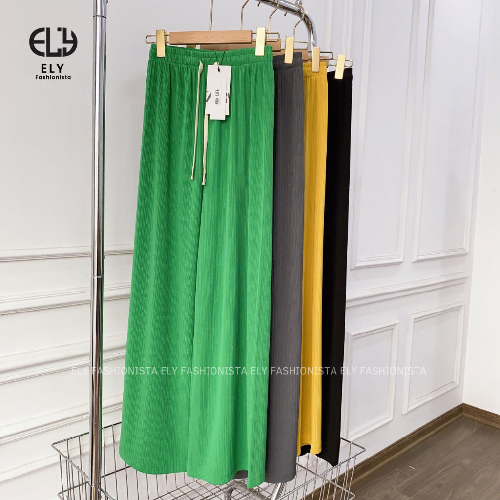 Quần ống rộng nữ Ely fashion suông dài vải tăm ly không khăn màu đen siêu hack dáng mặc thoáng mát ELY266