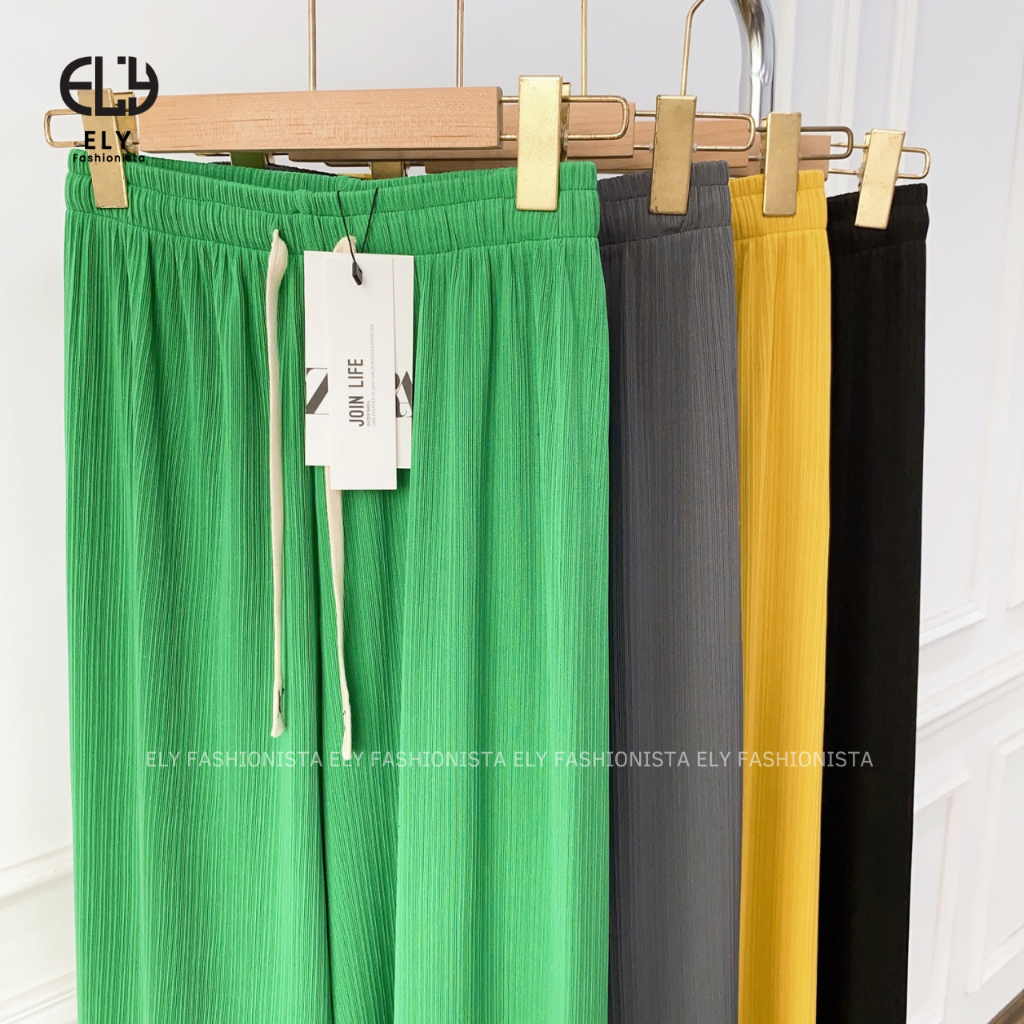 Quần ống rộng nữ Ely fashion suông dài vải tăm ly không khăn màu đen siêu hack dáng mặc thoáng mát ELY266