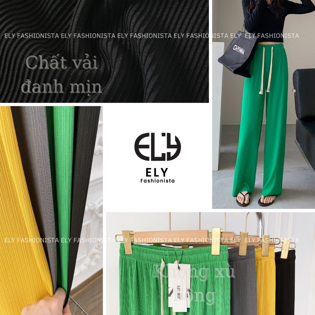 Quần ống rộng nữ Ely fashion suông dài vải tăm ly không khăn màu đen siêu hack dáng mặc thoáng mát ELY266