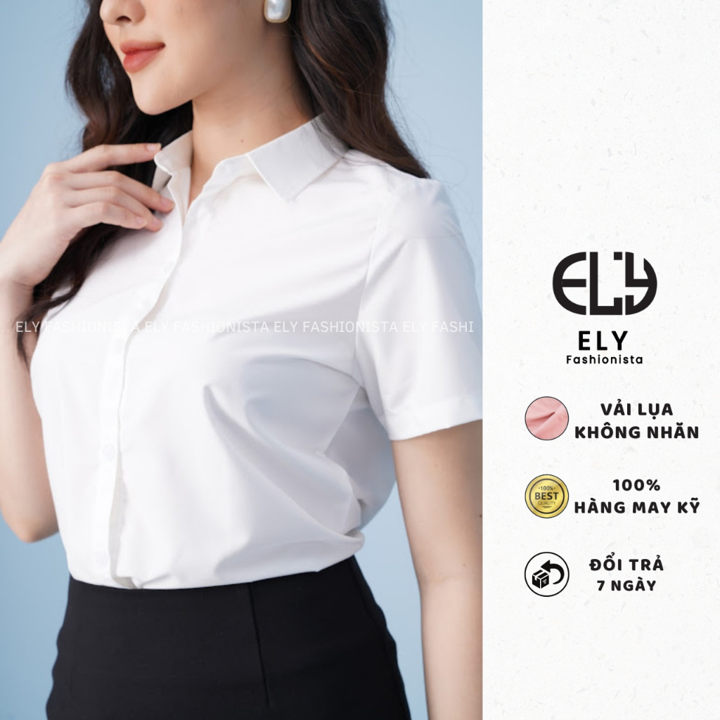 Áo sơ mi nữ tay ngắn Ely fashion kiểu polo form suông vải thô lụa chống nhàu màu trắng chuẩn thời trang công sở ELY271