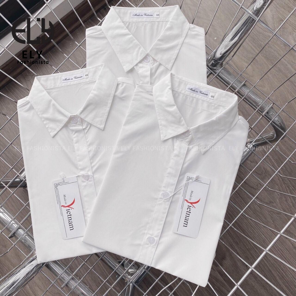 Áo sơ mi nữ tay ngắn Ely fashion kiểu polo form suông vải thô lụa chống nhàu màu trắng chuẩn thời trang công sở ELY271