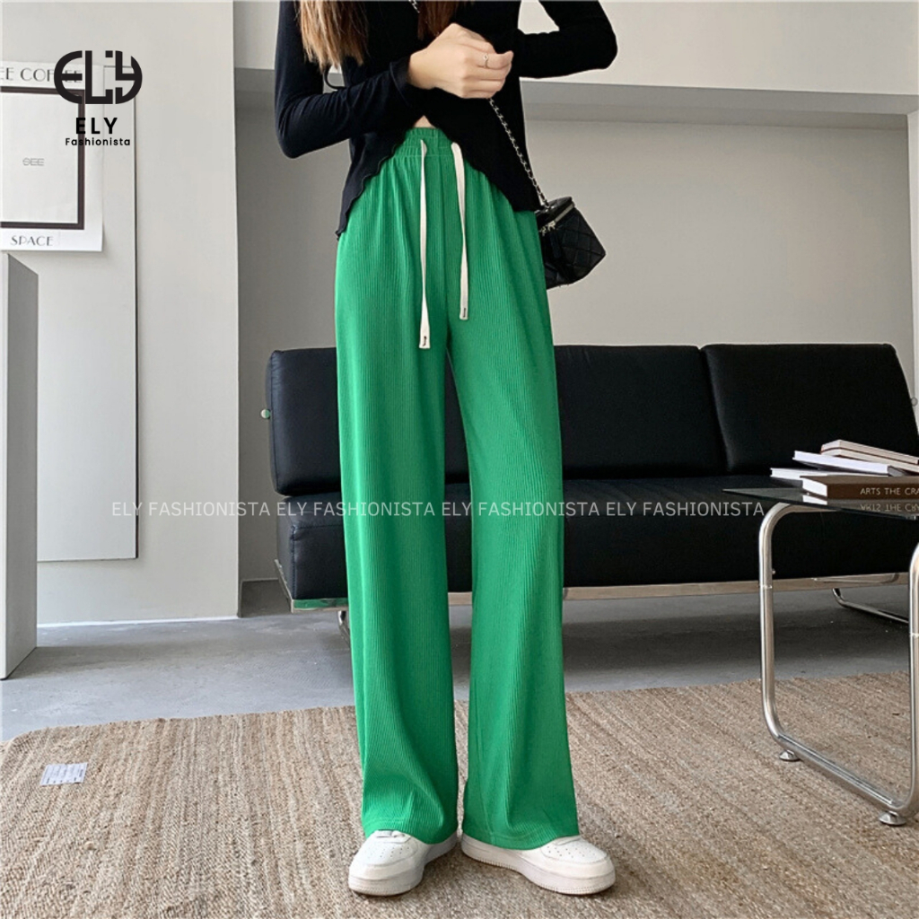 Quần ống rộng nữ Ely fashion suông dài vải tăm ly không khăn màu đen siêu hack dáng mặc thoáng mát ELY266