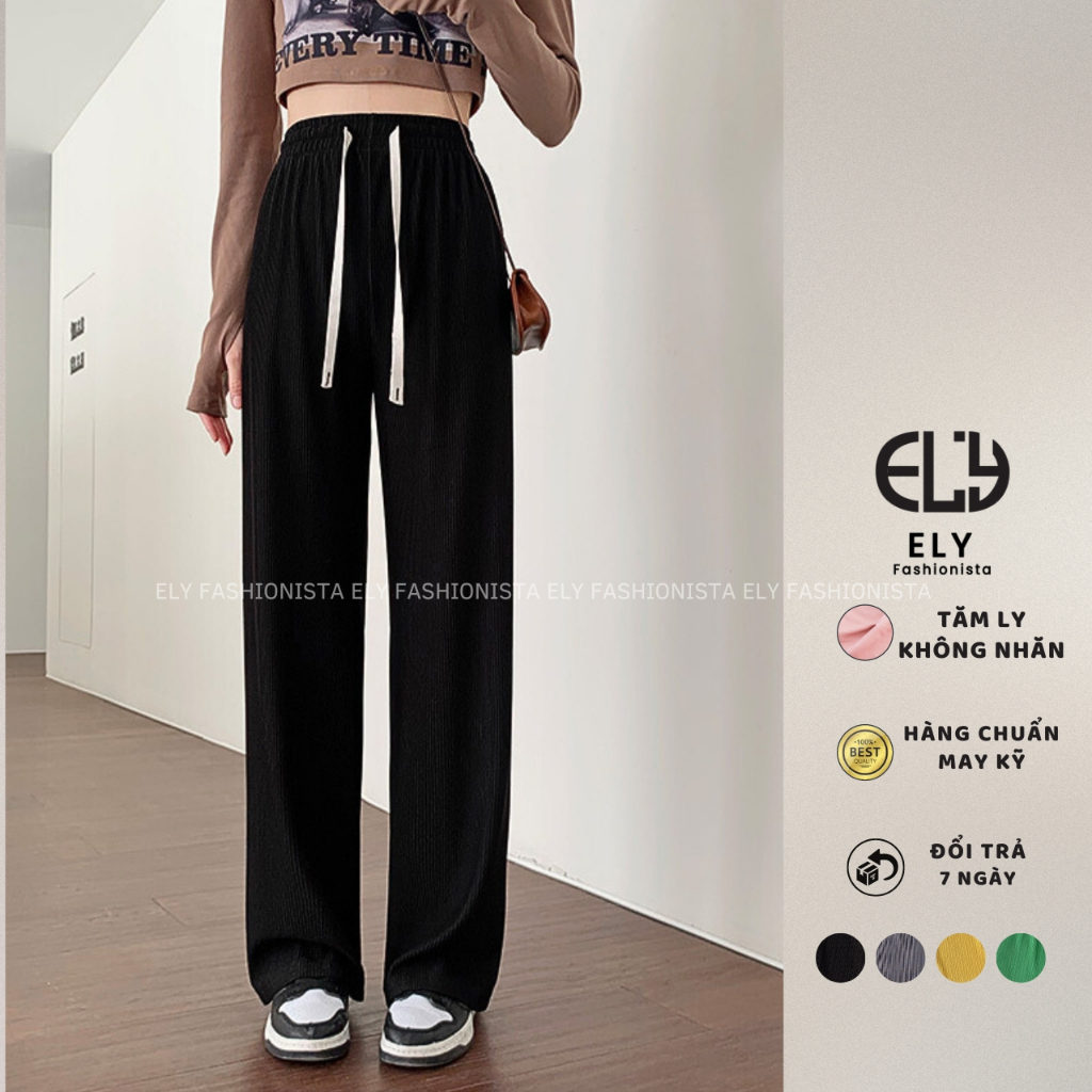 Quần ống rộng nữ Ely fashion suông dài vải tăm ly không khăn màu đen siêu hack dáng mặc thoáng mát ELY266