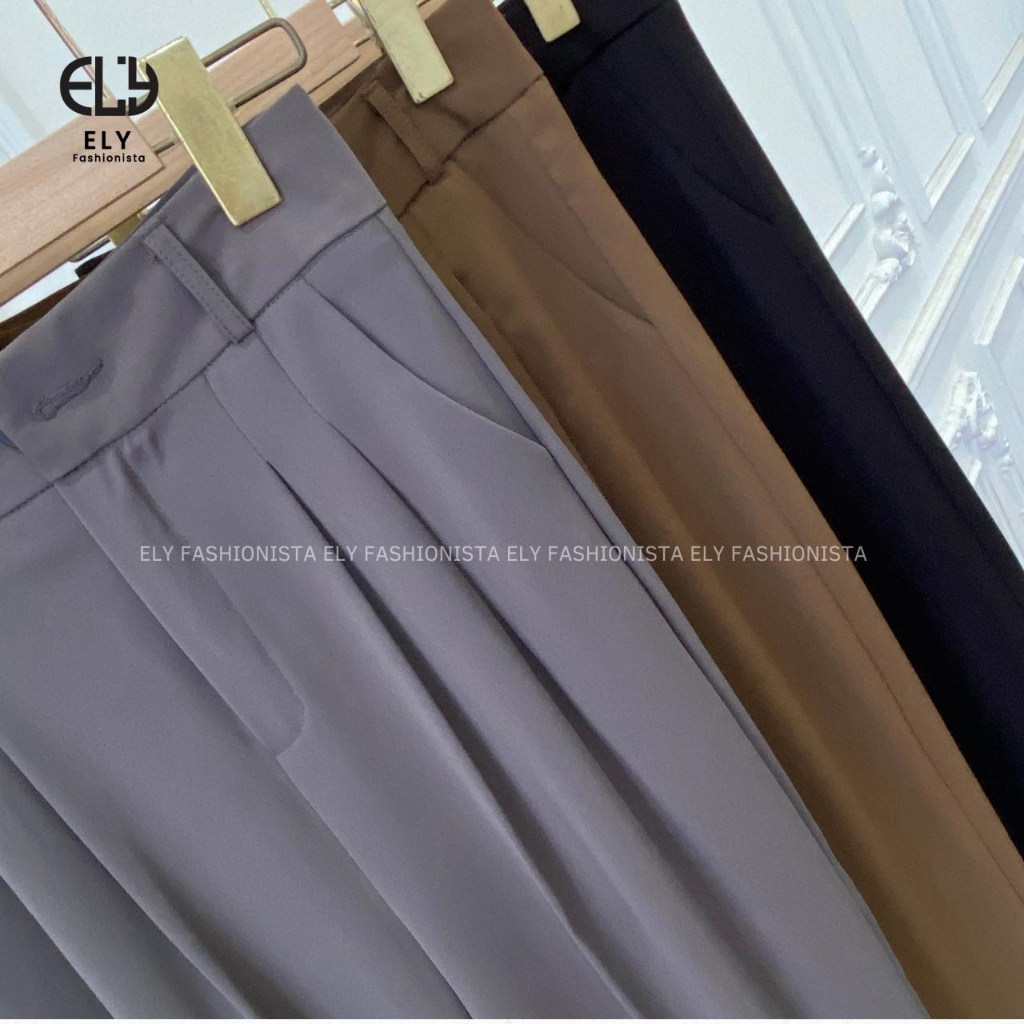 Quần ống rộng nữ dáng đứng suông dài culottes xếp ly lưng cạp cao vải chéo Ý cao cấp không nhăn ELY275