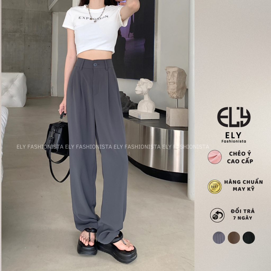 Quần ống rộng nữ dáng đứng suông dài culottes xếp ly lưng cạp cao vải chéo Ý cao cấp không nhăn ELY275