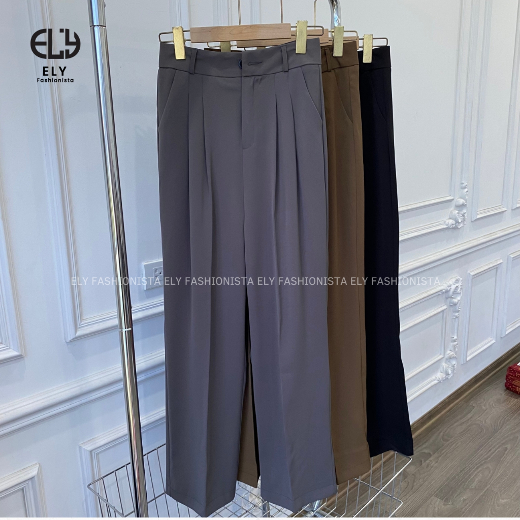 Quần ống rộng nữ dáng đứng suông dài culottes xếp ly lưng cạp cao vải chéo Ý cao cấp không nhăn ELY275