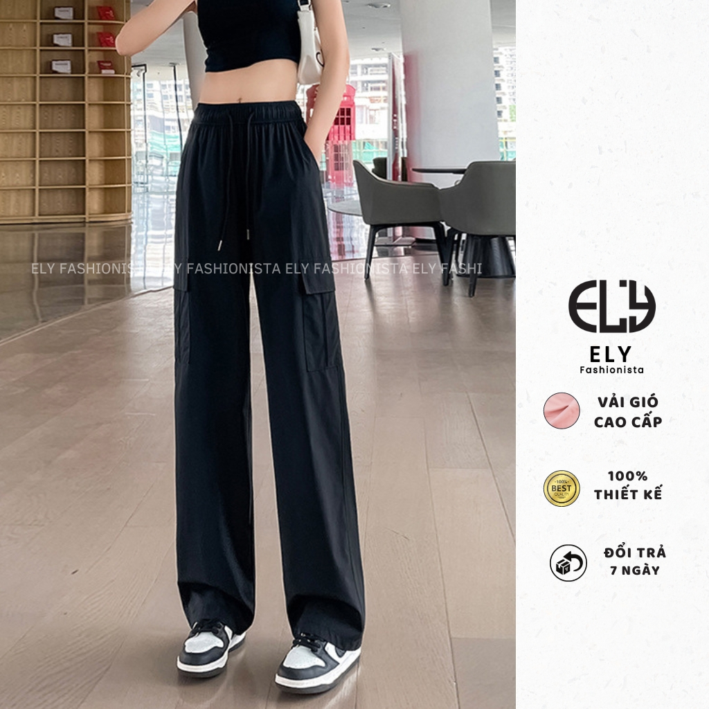 Quần ống rộng nữ kiểu jogger suông túi hộp chất gió lưng cạp cao dây rút eo và ống dáng thể thao ELY277