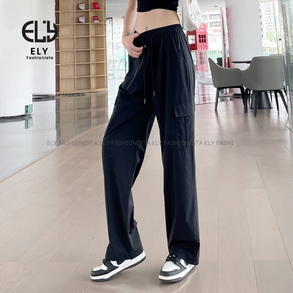 Quần ống rộng nữ kiểu jogger suông túi hộp chất gió lưng cạp cao dây rút eo và ống dáng thể thao ELY277