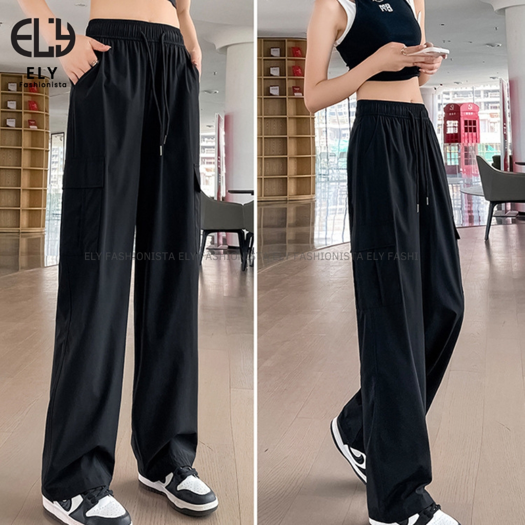 Quần ống rộng nữ kiểu jogger suông túi hộp chất gió lưng cạp cao dây rút eo và ống dáng thể thao ELY277
