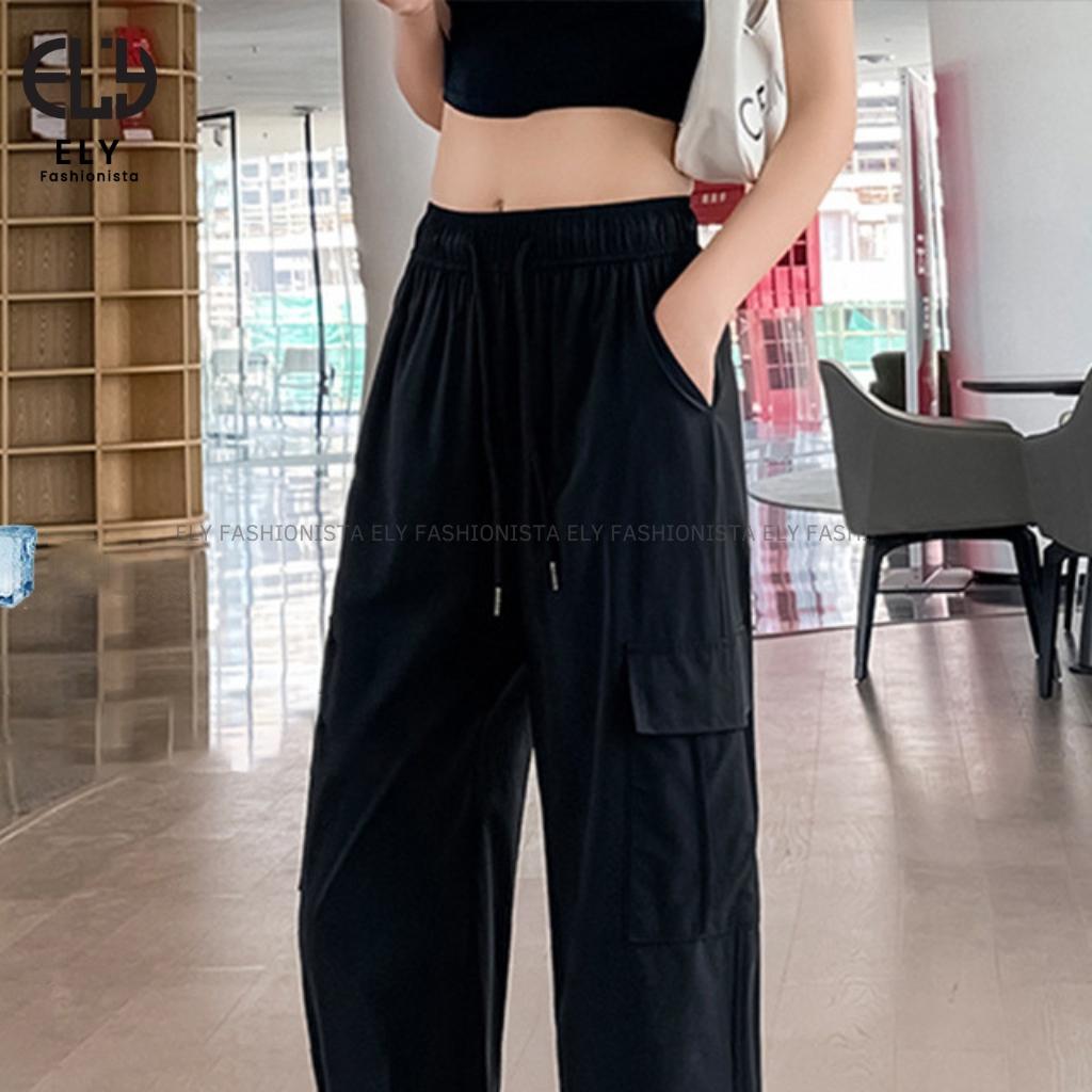 Quần ống rộng nữ kiểu jogger suông túi hộp chất gió lưng cạp cao dây rút eo và ống dáng thể thao ELY277