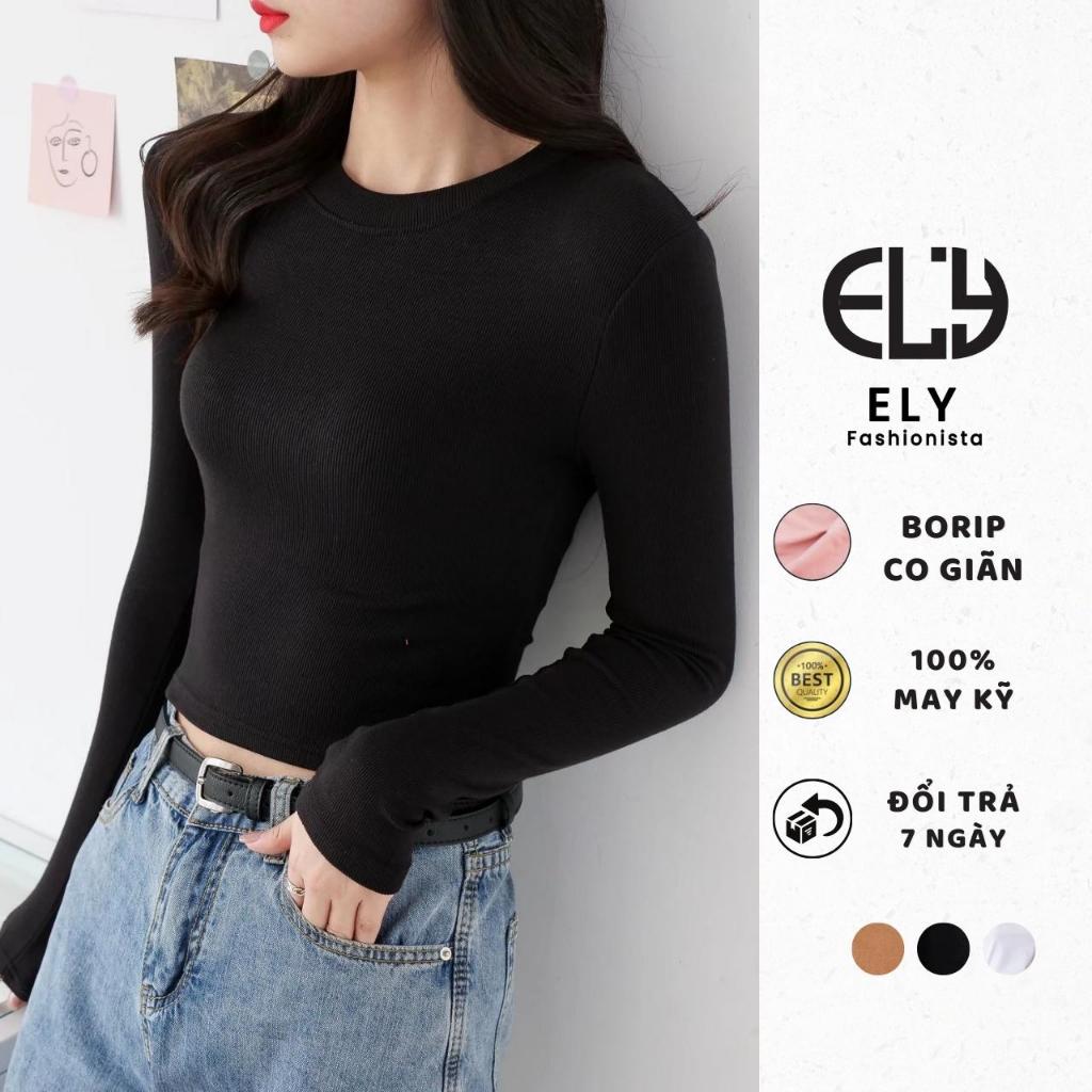 Áo croptop nữ tay dài cổ tròn vải thun coton co giãn 4 chiều kiểu basic dáng ôm body màu đen đẹp ELY278