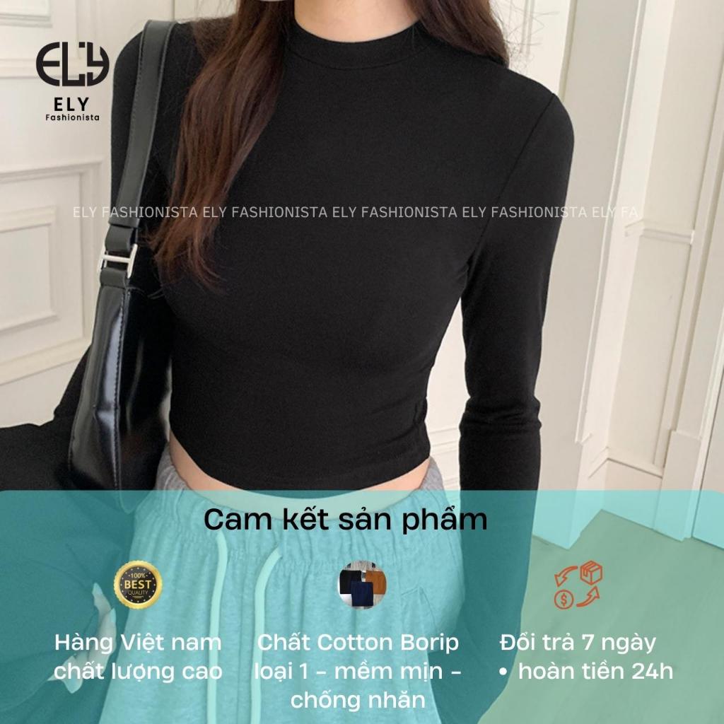 Áo croptop nữ tay dài cổ tròn vải thun coton co giãn 4 chiều kiểu basic dáng ôm body màu đen đẹp ELY278