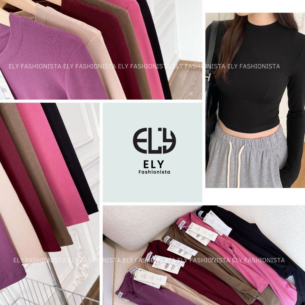 Áo croptop nữ tay dài cổ tròn vải thun coton co giãn 4 chiều kiểu basic dáng ôm body màu đen đẹp ELY278