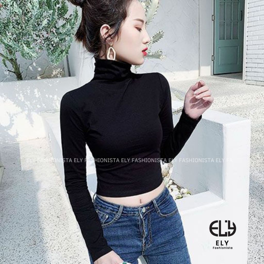 Áo croptop nữ tay dài cao cổ chất vải cotton lót lông kiểu cổ lọ cao cấp giữ nhiệt dáng ôm body đẹp ELY280