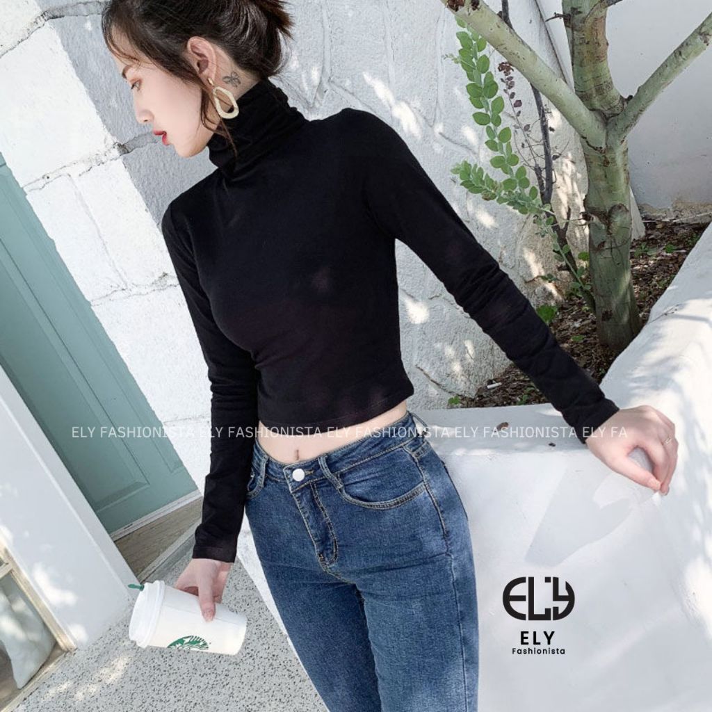 Áo croptop nữ tay dài cao cổ chất vải cotton lót lông kiểu cổ lọ cao cấp giữ nhiệt dáng ôm body đẹp ELY280