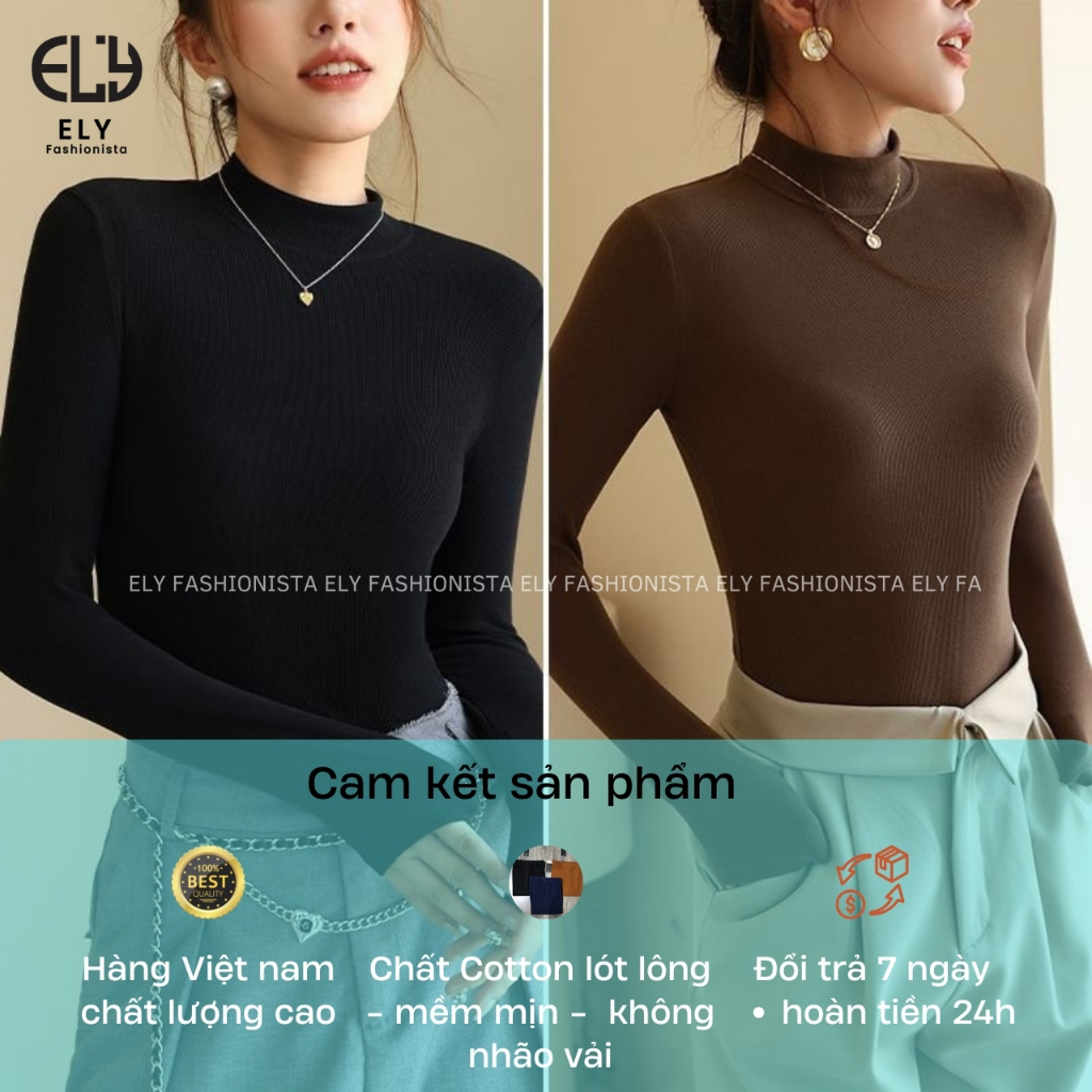 Áo thun nữ tay dài giữ nhiệt lót lông cổ cao 3 phân trơn áo phông chất tăm dẻo lót nỉ cao cấp co giãn chuẩn from ELY281