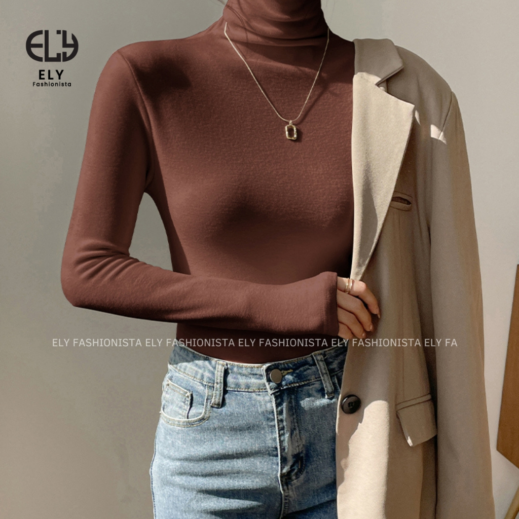 Áo thun nữ cổ lọ tay dài chất cotton lót lông giữ nhiệt kiểu áo phông dáng ôm body dài co giãn tốt ELY282