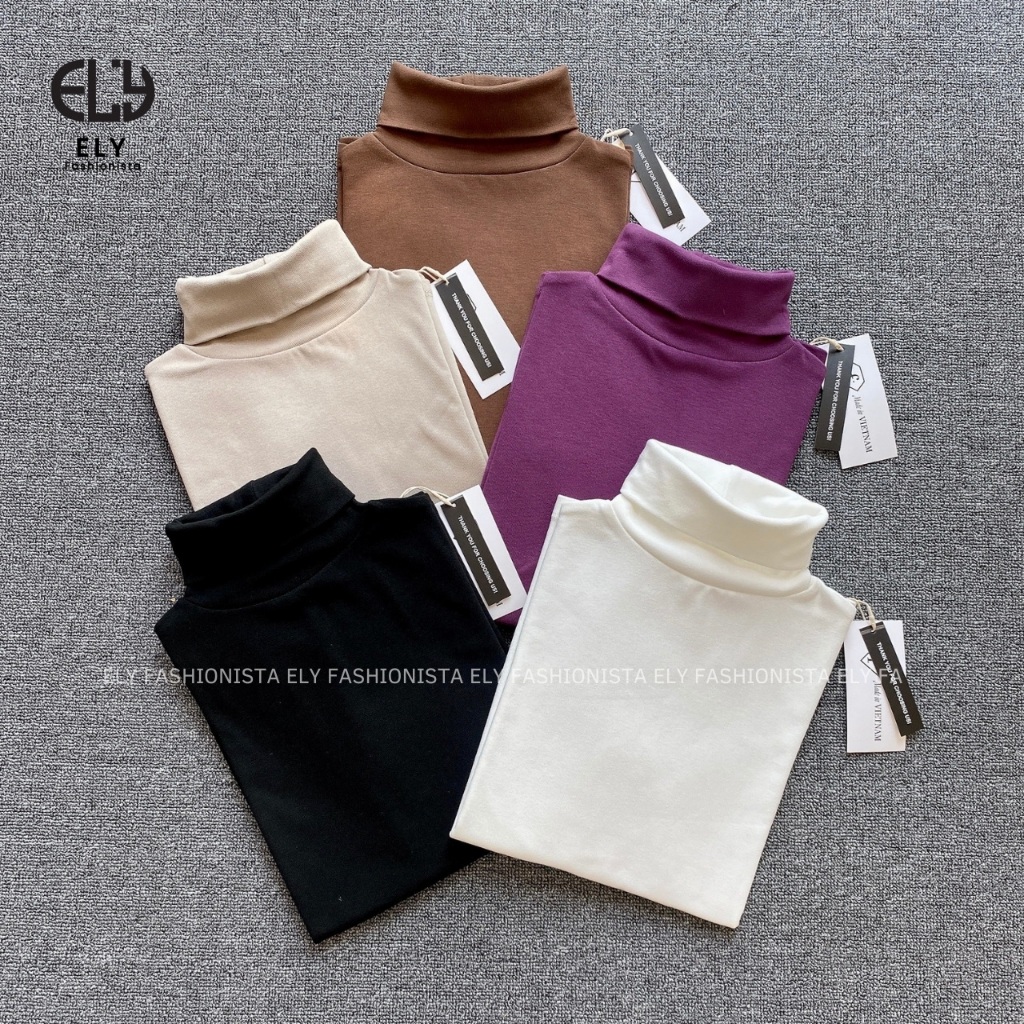 Áo thun nữ cổ lọ tay dài chất cotton lót lông giữ nhiệt kiểu áo phông dáng ôm body dài co giãn tốt ELY282