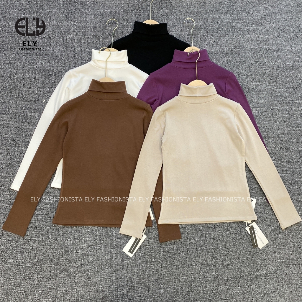 Áo thun nữ cổ lọ tay dài chất cotton lót lông giữ nhiệt kiểu áo phông dáng ôm body dài co giãn tốt ELY282