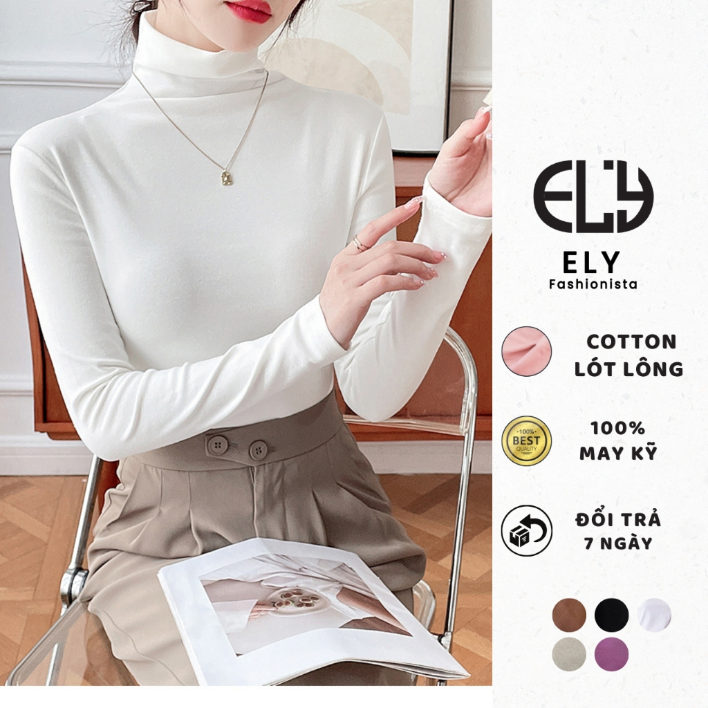 Áo thun nữ cổ lọ tay dài chất cotton lót lông giữ nhiệt kiểu áo phông dáng ôm body dài co giãn tốt ELY282