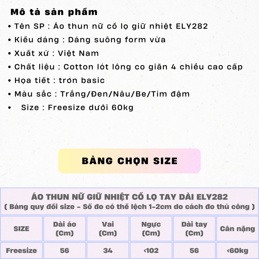 Áo thun nữ cổ lọ tay dài chất cotton lót lông giữ nhiệt kiểu áo phông dáng ôm body dài co giãn tốt ELY282