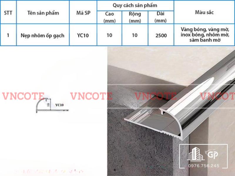 Nẹp nhôm bo góc ốp lát 10mm trắng bóng YC-10TB